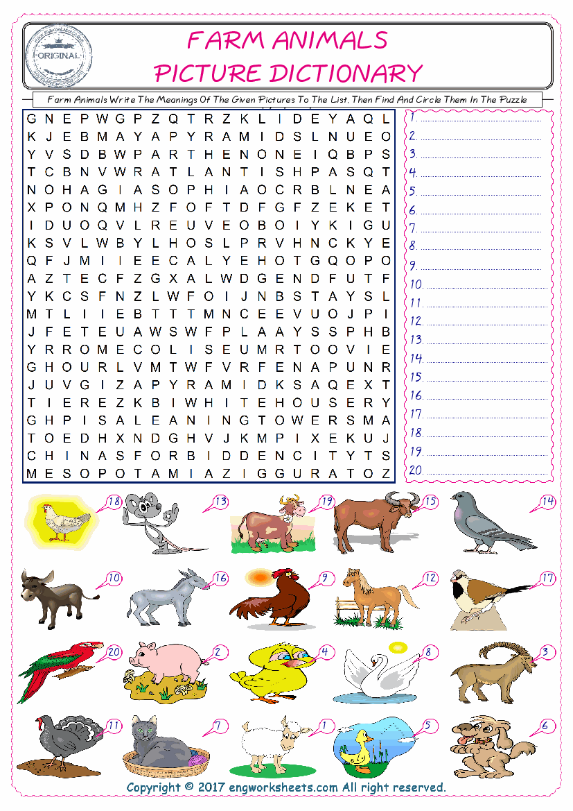  For kids, check the picture of Farm Animals find, and write the word and find it in the word puzzle ESL printable worksheet. 